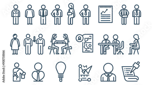 Set of Business People Related Line Icons. Outline Symbol Collection, Editable Stroke Business Cooperation Related Hand Drawn Icons, Doodle Elements Vector Illustration, Generative Ai