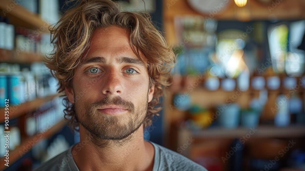 Bearded man with blue eyes and wavy hair looking contemplatively at camera Bearded man with blue eyes and wavy hair looking contemplatively at camera