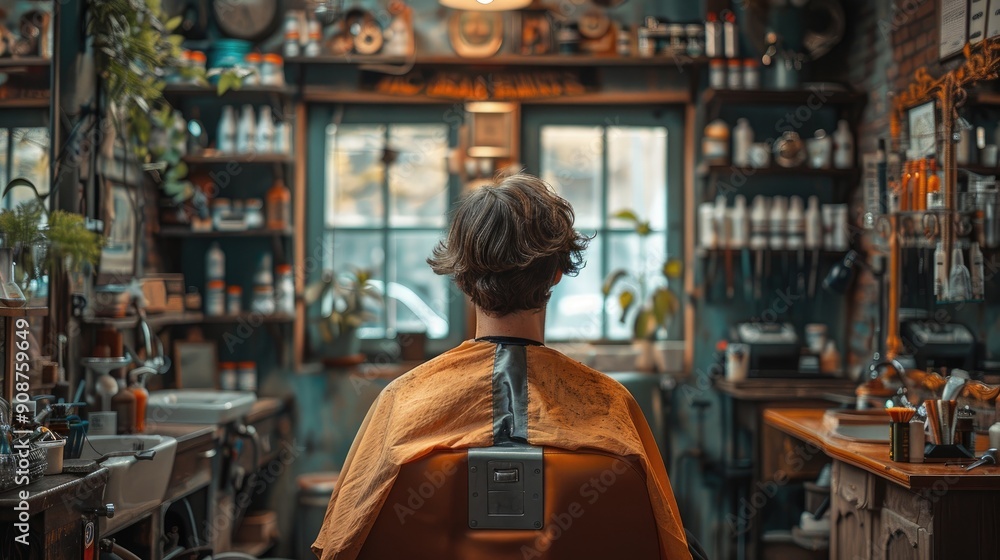 Person sitting in a barber shop chair facing shelves filled with products Person sitting in a barber shop chair facing shelves filled with products