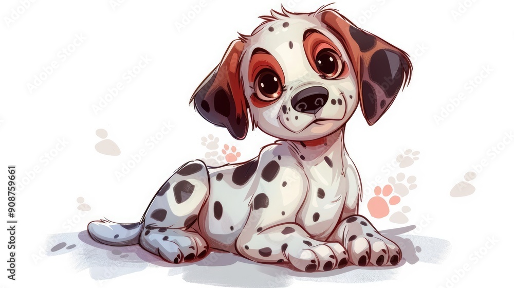 Naklejka premium Cartoon dalmatian puppy with big brown eyes lying on white background