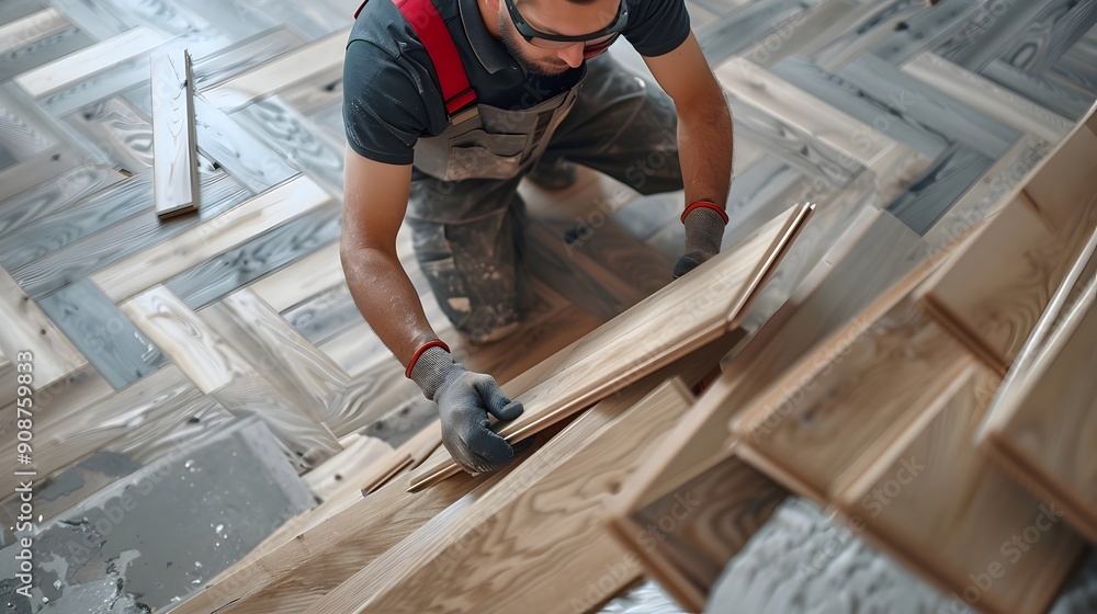 person installing wooden parquet flooring with tools person installing wooden parquet flooring with tools