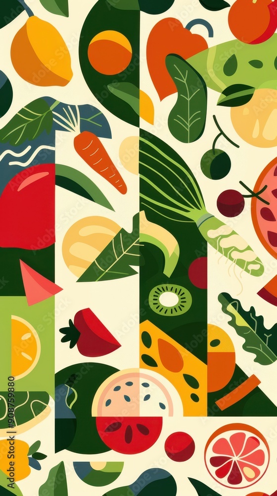 A vibrant collection of assorted fruits and vegetables arranged in a playful pattern on a light backdrop A vibrant collection of assorted fruits and vegetables arranged in a playful pattern on a light backdrop