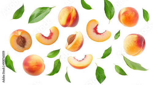 set of peach fruit with half slice and green leaves isolated on transparent white background, clipping path photo