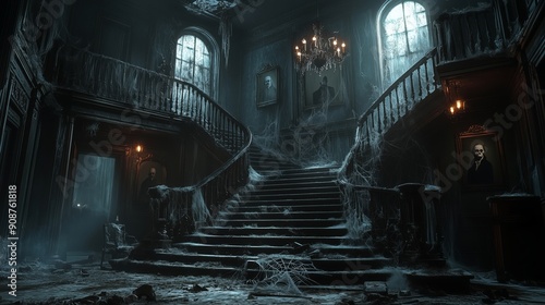 Abandoned Victorian estate with haunted house elements and ghostly figures