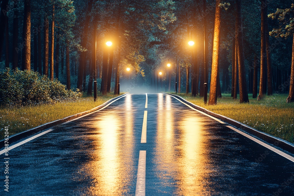 A serene, wet road illuminated by streetlights, surrounded by lush trees, evoking a calm and mysterious atmosphere. A serene, wet road illuminated by streetlights, surrounded by lush trees, evoking a calm and mysterious atmosphere.