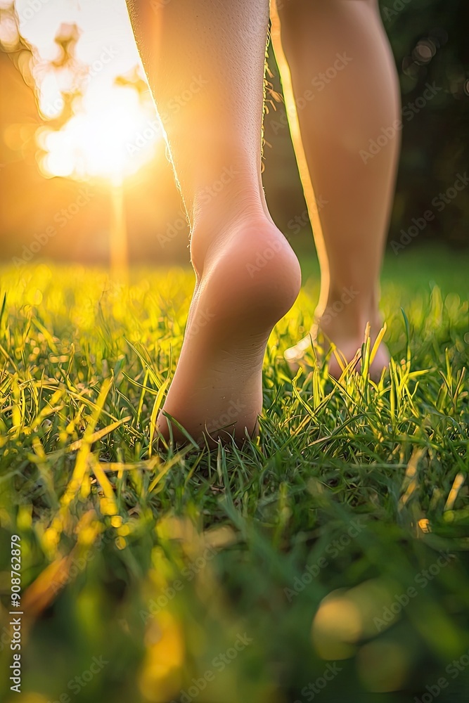 close up of bare feet on lawn grass. Selective focus close up of bare feet on lawn grass. Selective focus