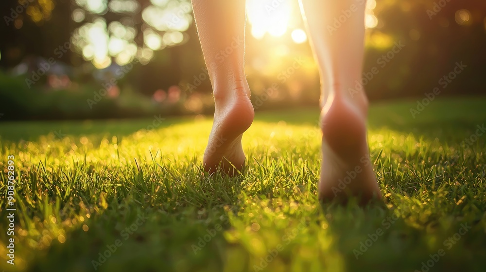 close up of bare feet on lawn grass. Selective focus close up of bare feet on lawn grass. Selective focus