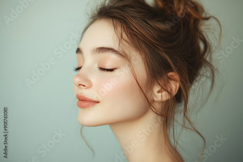 A close up of a girl's face with her eyes closed