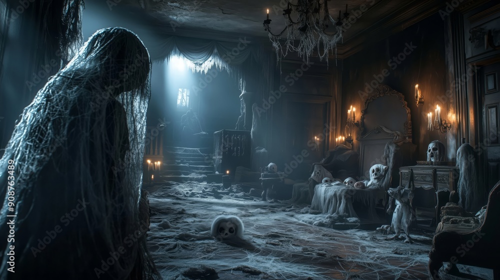 Haunted manor with spooky elements and spectral visitors Haunted manor with spooky elements and spectral visitors