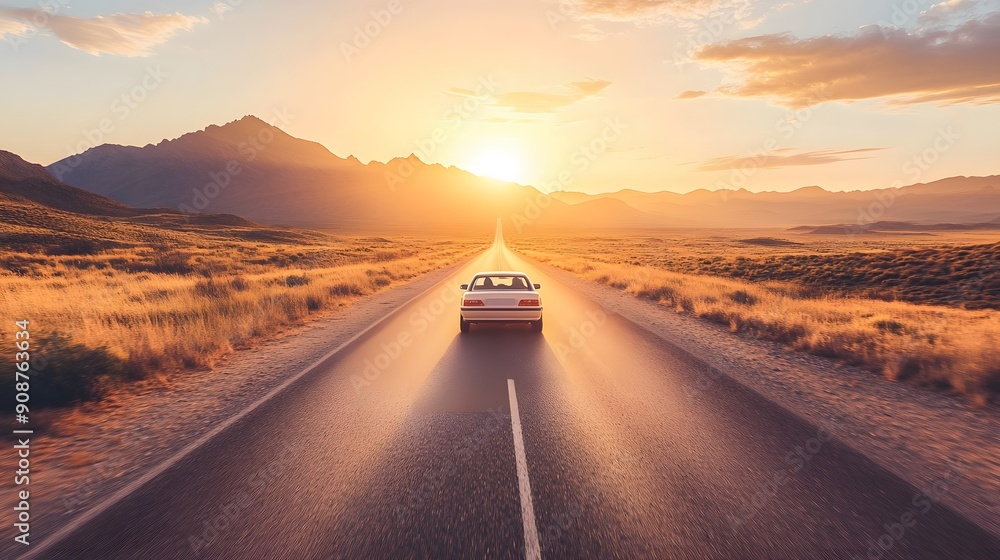 Scenic shot of car driving through a desert road, golden hour glow, vast open landscape with distant mountains, expansive and serene style, adventurous and free-spirited mood Scenic shot of car driving through a desert road, golden hour glow, vast open landscape with distant mountains, expansive and serene style, adventurous and free-spirited mood