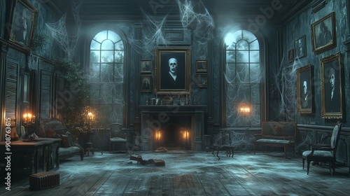 Haunted Victorian mansion with eerie ghosts and cobweb-covered rooms