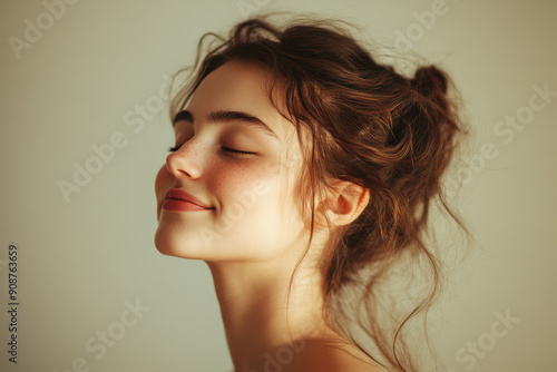 A close up of a girl's face with her eyes closed