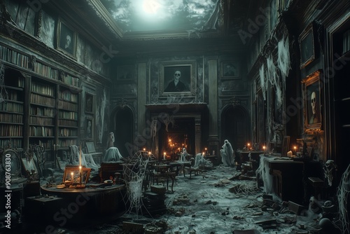 Spooky manor with haunted house decor and spectral visitors