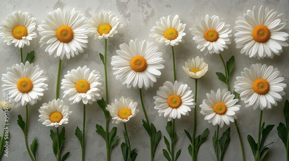 Obraz premium A row of white daisies are arranged in a line on a white background. The flowers are all facing the same direction, creating a sense of unity and harmony