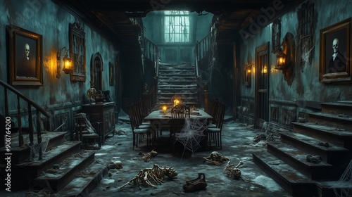 Spooky Victorian mansion with haunted house elements and ghostly figures