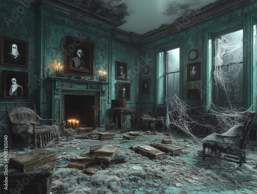 Victorian mansion with classic haunted house decor and ghostly apparitions