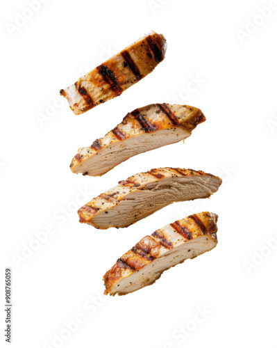 Grilled Chicken Breast Slices Floating Mid-Air with Perfect Grill Marks in a Dynamic Shot