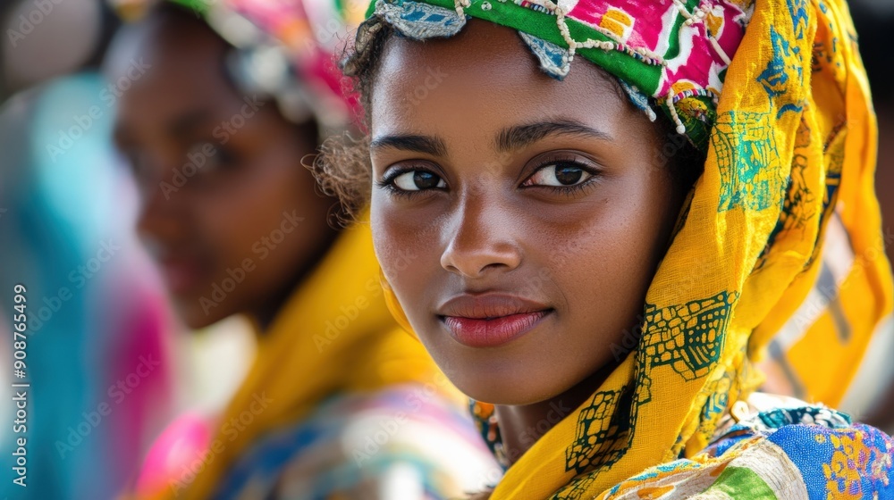 Obraz premium Amhara women showcase vibrant traditional attire adorned with intricate patterns while engaging in lively cultural expressions during a local celebration