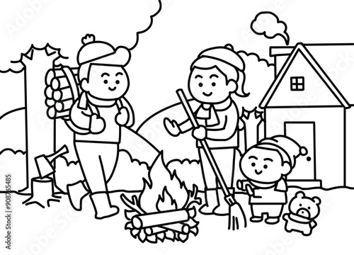 Family collecting firewood.