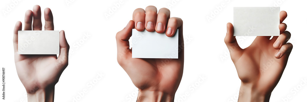 Three hands holding three blank business cards isolated on white or transparent background Three hands holding three blank business cards isolated on white or transparent background