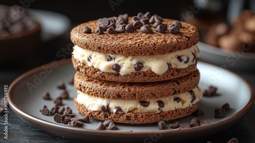 Ice cream sandwich made of chocolate chip cookies.