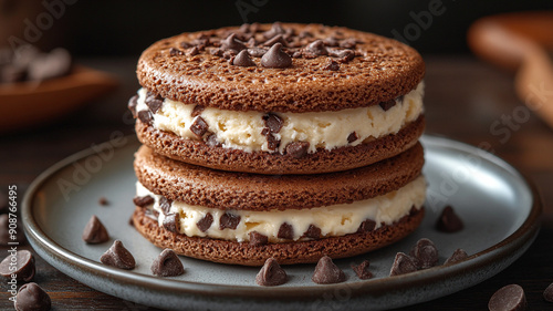 Ice cream sandwich made of chocolate chip cookies.