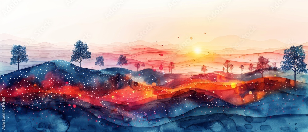A stunning watercolor landscape featuring vibrant hills, gentle trees, and a mesmerizing sunset in warm, colorful tones. A stunning watercolor landscape featuring vibrant hills, gentle trees, and a mesmerizing sunset in warm, colorful tones.