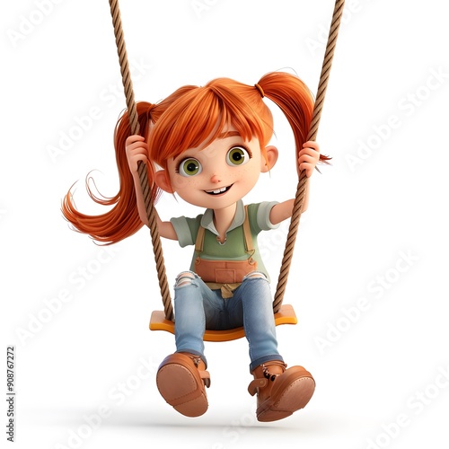 3D rendering of a little red-haired girl swinging on a swing, showcasing a joyful and carefree moment.