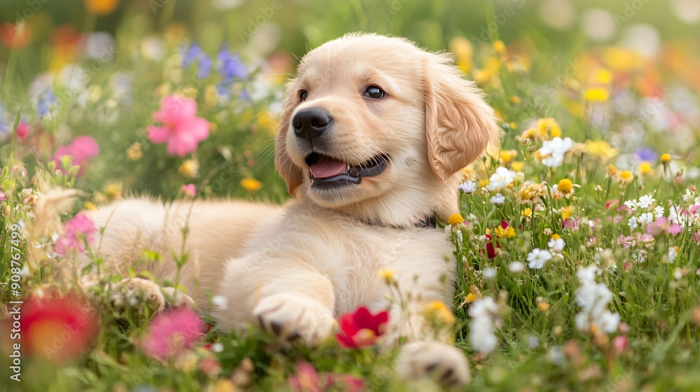 A content Golden Retriever puppy lies in a vibrant meadow filled with colorful flowers, capturing the essence of joy, nature, and playful innocence. A content Golden Retriever puppy lies in a vibrant meadow filled with colorful flowers, capturing the essence of joy, nature, and playful innocence.