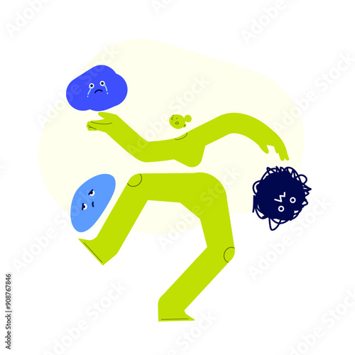 Vector illustration of stressed woman, juggling anxiety, sadness and boredom. Negative emotions concept. Overloaded female character and different feelings. Mental health emotional intelligence