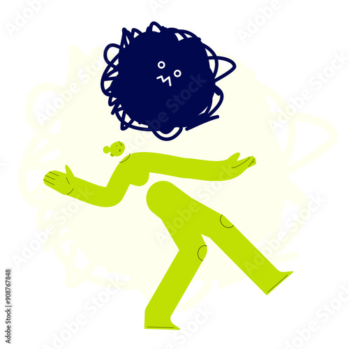 Vector illustration of a stressed woman under a big ball of anxiety. Stress and fear. Falling female character and sad emotion. Mental health and negative thinking concept. 