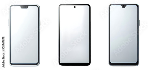 blank white screen smartphones set isolated on white or transparent background