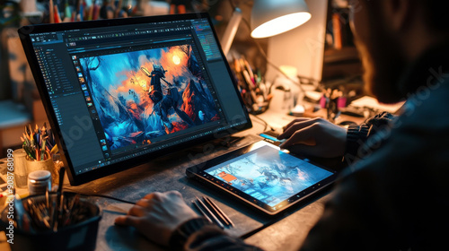 Artist creating digital art, graphic tablet and computer