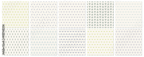 Collection of seamless geometric patterns - minimalistic design. Abstract simple unusual backgrounds. Delicate vintage fabric prints
