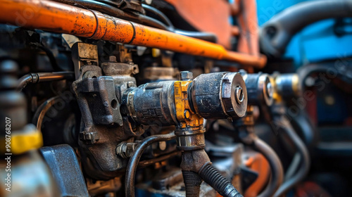 A close up of a dirty engine with a yellow cap on top