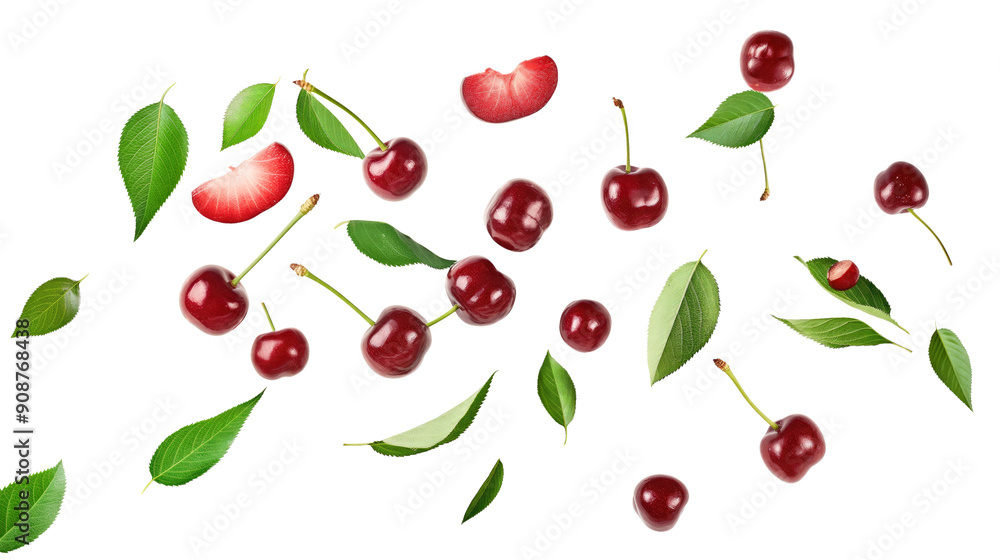 red cherries with green leaves slice isolated on transparent white background, clipping path red cherries with green leaves slice isolated on transparent white background, clipping path