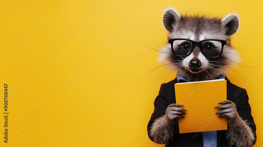 Fototapeta premium A raccoon wearing glasses and a suit holding a book. Concept of humor and playfulness, as the raccoon is dressed in formal attire and holding a book, which is not a typical activity for a raccoon
