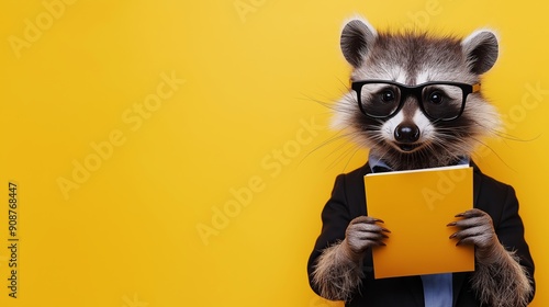 A raccoon wearing glasses and a suit holding a book. Concept of humor and playfulness, as the raccoon is dressed in formal attire and holding a book, which is not a typical activity for a raccoon