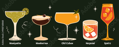 Classical alcohol cocktails vector illustrations set cartoon retro groovy funky style. Collection of various summer fancy drinks in different shapes glasses. Margarita, Manhattan, Negroni, Old Cuban