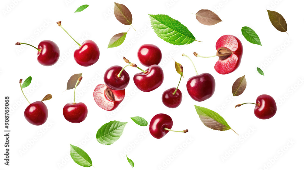 red cherries with green leaves slice isolated on transparent white background, clipping path red cherries with green leaves slice isolated on transparent white background, clipping path