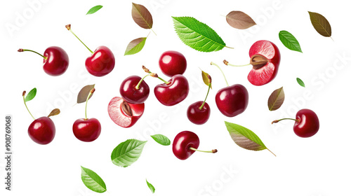 red cherries with green leaves slice isolated on transparent white background, clipping path