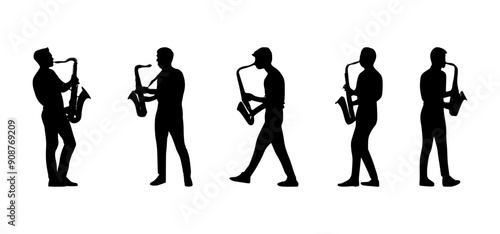 saxophone player silhouette set, isolated background