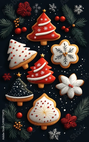 A festive assortment of beautifully decorated Christmas cookies on a dark background, perfect for holiday celebrations.