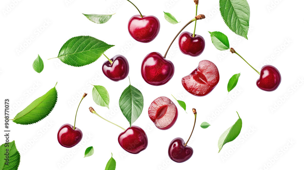 red cherries with green leaves slice isolated on transparent white background, clipping path red cherries with green leaves slice isolated on transparent white background, clipping path