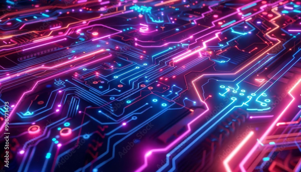 A vibrant abstract circuit board showcasing colorful neon lights and intricate electronic pathways that inspire technology innovation. A vibrant abstract circuit board showcasing colorful neon lights and intricate electronic pathways that inspire technology innovation.