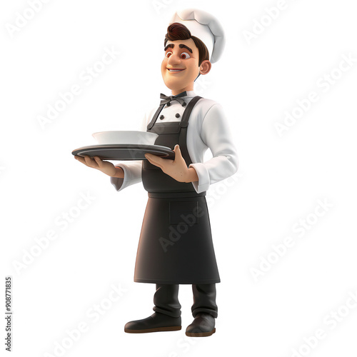 A cheerful chef standing proudly with a plate of food, showcasing culinary skills and passion for cooking in a vibrant kitchen , PNG , transparent background photo