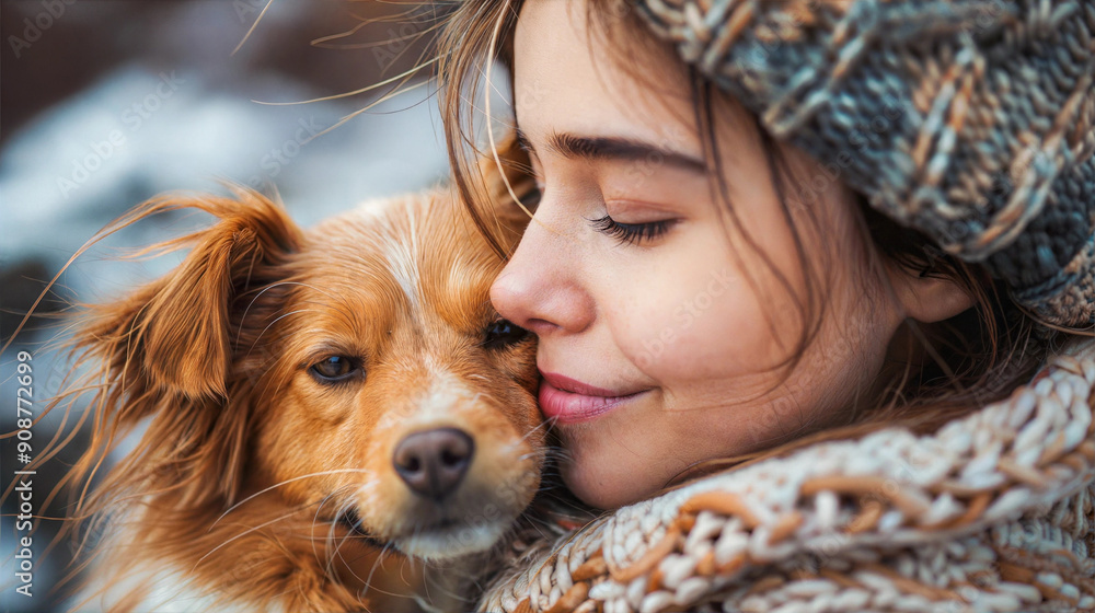 Woman wearing a knitted hat and scarf hugs a brown and white dog Woman wearing a knitted hat and scarf hugs a brown and white dog