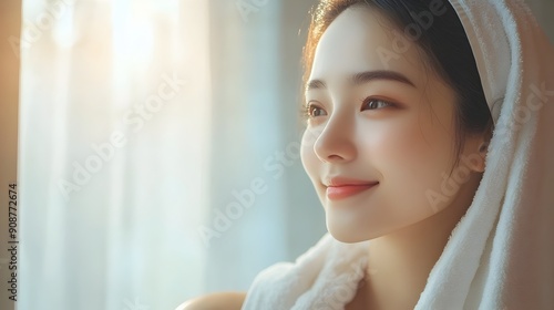 Tranquil Beauty Captivating Asian Woman in Soft Window Light