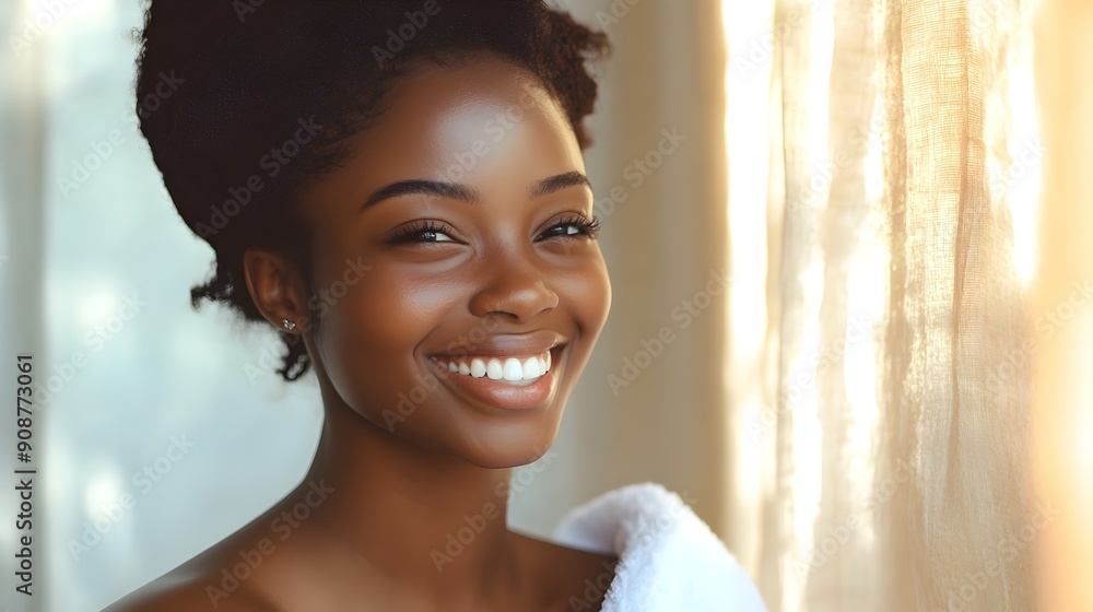 Radiant African Woman Smiling with Healthy Skin and Flowing Hair in Soft Lighting Radiant African Woman Smiling with Healthy Skin and Flowing Hair in Soft Lighting