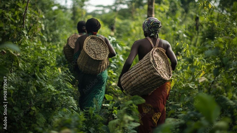Hadza women gather edible plants and fruits while walking through lush vegetation in an African bush landscape Hadza women gather edible plants and fruits while walking through lush vegetation in an African bush landscape